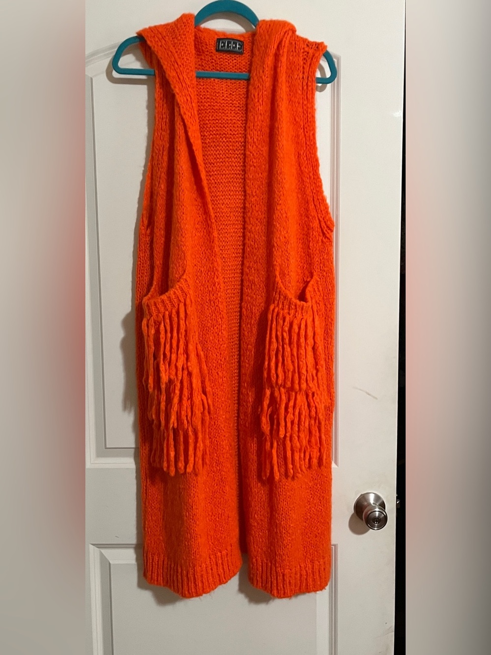 ELLE Neon Orange Long Knit Hooded Fringe Vest / Cardigan OS
New Statement Edgy